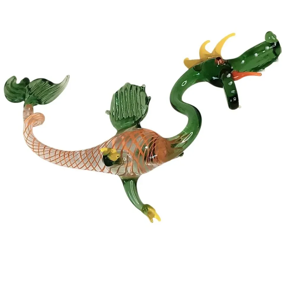 VTG Miniature Hand Blown Glass Dragon Green Yellow Orange Tongue 5